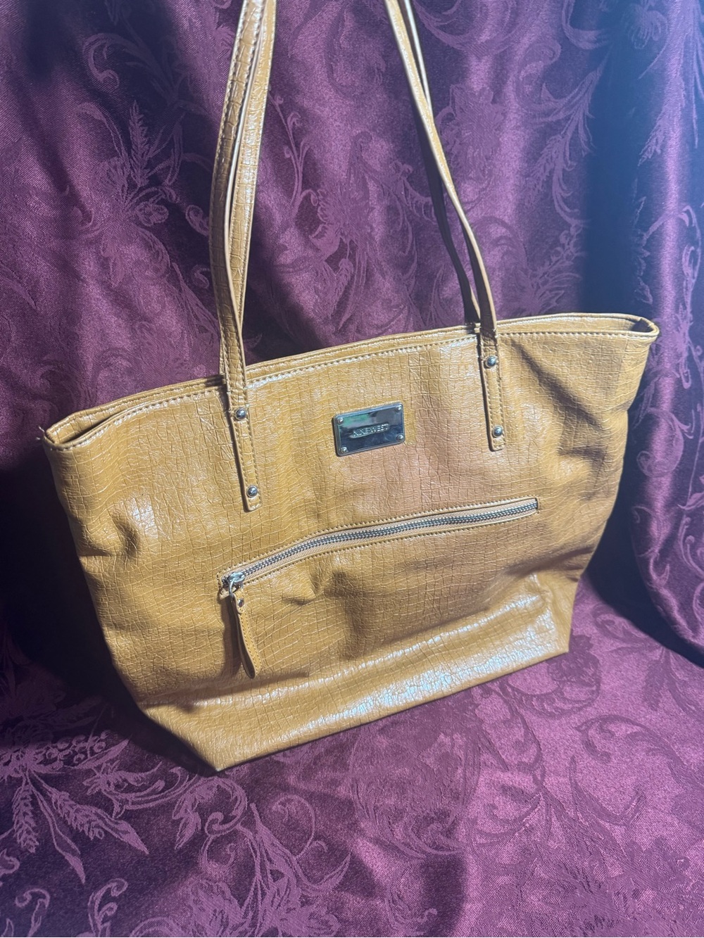 Nine West Mustard-Tan Faux Leather Tote with Front Zip Pocket